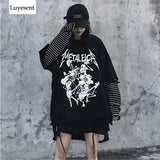 Black Cool Punk Loose Striped Sleeve Splice  Unisex Sweatshirt 2020 Women Man Gothic Letter Music Skull Print Warm Rock Long Top (black One Size) - webtekdev