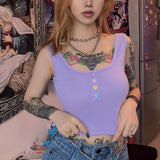 Raisevern Women Sleeveless Crop Top Basic Purple Knitted Tank Tops Cute Button Vest Tee Party Bodycon Stretch Tops Dropship - webtekdev