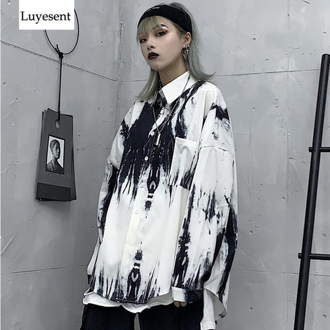 Tie Dye Women Cool Blouse Female Long Sleeeve Loose Lapel Ink Design Button Pocket Hip Pop Man Shirt 2020 Rock Top Punk Ullzang - webtekdev