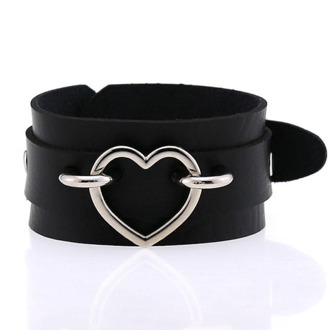 KMVEXO Silver Metal Heart Wide Cuff Leather Bracelets Punk Gothic Rock Unisex Bangles Bracelet Wristband for Women Men's Jewelry - webtekdev