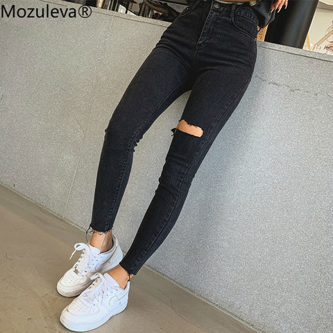 Mozuleva 2019  Sexy High Waist Tassel Ripped Holes Denim Pants Female Trousers Pencil Jeans Women Skinny Pants Black Jeans - webtekdev