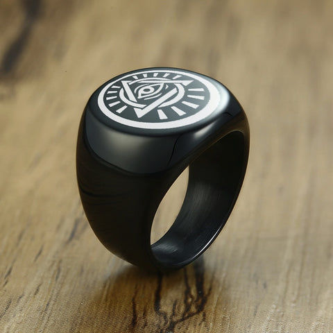 GODS EYE SIGNET RING FOR MEN STAINLESS STEEL BLACK EGYPTIAN EYE OF GOD HORUS UDJAT ILLUMINATI TRIQUETRA RING - webtekdev