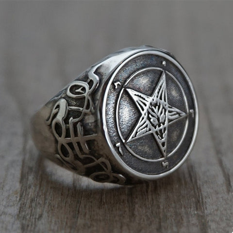 EYHIMD Occult Stainless Steel Sigil of Baphomet Ring Gothic Witch Church of Satan Cross Rings Satanic Lucifer Jewelry - webtekdev