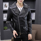 XIU LUO stitched leather jacket 2019 Mens Rivets Motorcycle Zipper Slim Fit Jackets Lapel Neck Studs PU Leather Biker Jacket - webtekdev