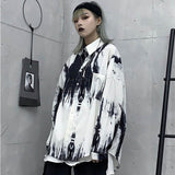 Tie Dye Women Cool Blouse Female Long Sleeeve Loose Lapel Ink Design Button Pocket Hip Pop Man Shirt 2020 Rock Top Punk Ullzang - webtekdev
