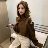 Turtleneck Lady Pullover Sweater 2020 Woman Hollow Out Button Bodycon Knit Top Khaki Coffee Black Autumn Basic Korea Slim Jumper - webtekdev