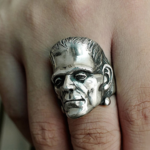 EYHIMD Science Fiction Victor Frankenstein Rings Punk Silver Horror Scientist Stainless Steel Skull Ring Men's Biker Jewelry - webtekdev