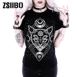 T Shirt Woman 2019 Gothic Star Punk Cat Print Tops Galaxy Short Sleeve Cat Print Black Loose Punk  Casual Femme Clothing - webtekdev