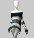 Punk Loose Women Pullover Long Sweater Gothic Thin Striped Hollow Out 2020 Lady Transparent Hole Cool Top Slash Neck Jumpers New (black and beige One Size) - webtekdev