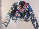 Rivet beading Pu Leather Jacket Women Graffiti Colorful Print Biker Jackets and Coats PUNK Streetwear jacket - webtekdev