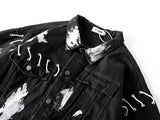 Graffiti Hand-Painted High Street Jean Jacket for Men Lace Up Hollow Out Parchwork Denim Coat Oversize Loose Mens Clothers - webtekdev
