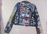 Rivet beading Pu Leather Jacket Women Graffiti Colorful Print Biker Jackets and Coats PUNK Streetwear jacket - webtekdev