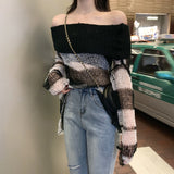 Punk Loose Women Pullover Long Sweater Gothic Thin Striped Hollow Out 2020 Lady Transparent Hole Cool Top Slash Neck Jumpers New (black and beige One Size) - webtekdev