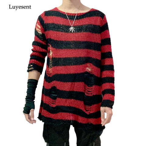 Punk Gothic Cool Male Striped Long Sweater Man Stretch Thin Pullover Broken Sweaters Hollow Out Slit Spring KnitTop Jumpers 2020 - webtekdev