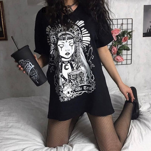 women tshirt goth Dark Grunge Black Print T-shirts Gothic Loose Punk Harajuku Streetwear Female aesthetic clothes vintage tee - webtekdev