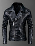 New luxury European fashion slim men's Black PU leather jacket rivets youth close up suit collar locomotive leather coat - webtekdev