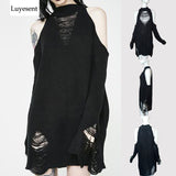Black Gothic Long Sweaters Women Punk Hollow Out Off Shoulder Thin Hole Pullover Jumpers Cool Broken Knit Sexy Sweater Slit Top (Black One Size) - webtekdev