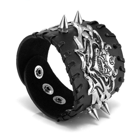 Jovivi Mens Black Genuine Leather Wide Cuff Bracelet Gothic Metal Spike Studded Link Chain Unisex Punk Rock Adjustable Wristband (1x Punk Bracelet) - webtekdev