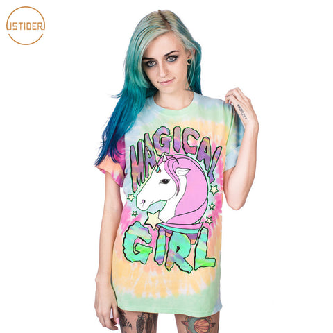 ISTider Harajuku Unicorn Tshirt MAGICAL GIRL Letters Print Rainbow Loose T Shirt Women Summer Tops Girls Hip Hop Shirt Plus Size - webtekdev