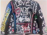 Rivet beading Pu Leather Jacket Women Graffiti Colorful Print Biker Jackets and Coats PUNK Streetwear jacket - webtekdev