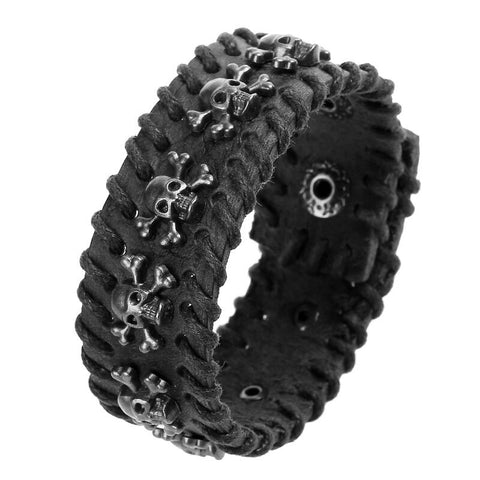 Men Women Punk Rock Style Genuine Leather Skull Bracelet 2.5CM Wide Braided Hand Strap Black Brown Gothic Jewelry - webtekdev