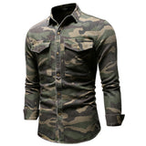 Denim Shirt Men Korean Wash Camouflage Jean Long Sleeve Casual Shirts High Grade Hip Hop Streetwear Sportswear Overalls Outwear - webtekdev