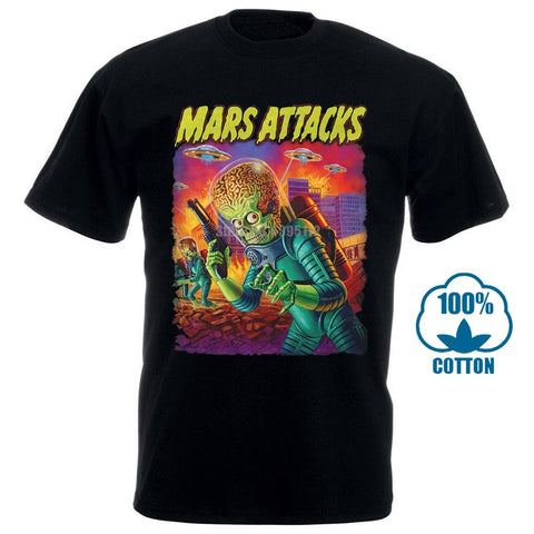 Mars Attacks Movie Mens T Shirt Attacking Alien With A Saucer Filled Sky - webtekdev