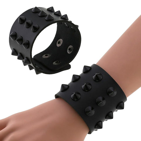 Black Spiked Rivets Stud Wide Cuff Leather Punk Gothic Rock Unisex Bangle Harness Wristband Bracelets for Women Men Emo Jewelry - webtekdev