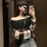 Punk Loose Women Pullover Long Sweater Gothic Thin Striped Hollow Out 2020 Lady Transparent Hole Cool Top Slash Neck Jumpers New (black and beige One Size) - webtekdev