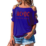 ACDC Band Rock T-Shirt Women's ACDC Letter Printed Tshirts Hip Hop Rap Music Short Sleeve Sexy Hollow Out Shoulder Tops Tee - webtekdev