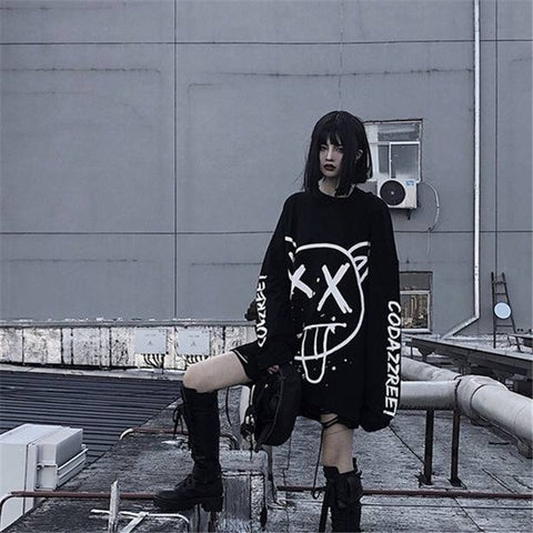 Cool Women Fashion korean oversized long sleeve t shirt hip hop punk streetwear girls tees Autumn Black Loose T Shirt Females - webtekdev