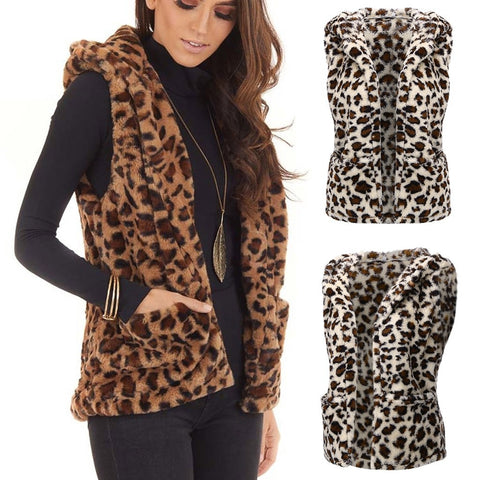 Fashion Women Hooded Sleeveless Vest 2019 Autumn and Winter Leopard Print Pockets Warm Faux Fur Vest - webtekdev