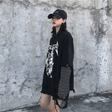 Black Cool Punk Loose Striped Sleeve Splice  Unisex Sweatshirt 2020 Women Man Gothic Letter Music Skull Print Warm Rock Long Top (black One Size) - webtekdev