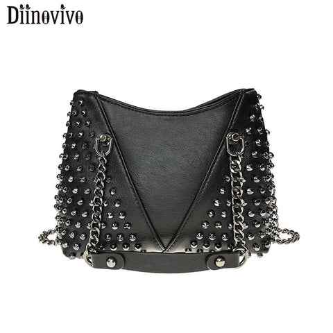 DIINOVIVO Rock Rivet Shoulder Bag Female Small Bags For Women Handbags Punk Handbag Leather Women Messenger Bags Purses WHDV1214 (Black (18.5X9X15)cm) - webtekdev