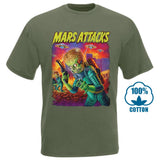 Mars Attacks Movie Mens T Shirt Attacking Alien With A Saucer Filled Sky - webtekdev