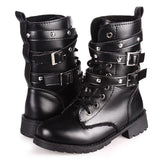 Women Leather Mid Calf Boots Vintage Lace-Up Army Punk Gothic Motorcycle Boots Round Toe Autumn Winter Black Combat Boots - webtekdev