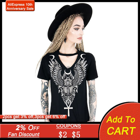 Women Tshirt Gothic Feather Wing Moon Print Black Streetwear T Shirt Cool Punk Stylish Tee Shirts Summer Casual Goth Tops Tees - webtekdev