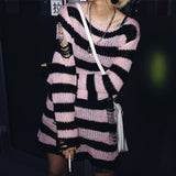 Plus size Gothic Sweater Women Loose Befree Winter Long Pullover Striped Hole Rock Hip-pop Sweaters Knit Jumpers Sweter Mujer - webtekdev