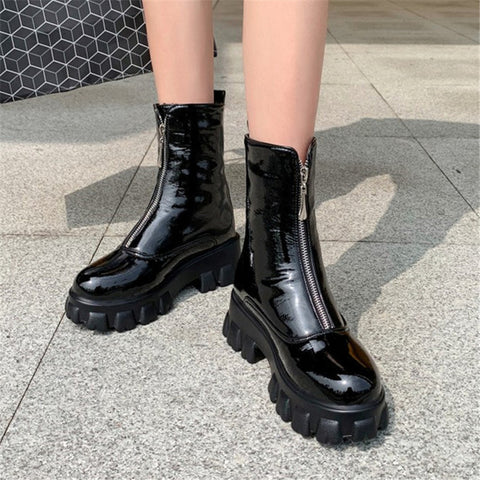 PXELENA Large Size 34-45 Chunky Heel Platform Creepers  Boots Women Patent Leather Front Zip Combat Motorcycle Biker Shoes - webtekdev