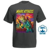 Mars Attacks Movie Mens T Shirt Attacking Alien With A Saucer Filled Sky - webtekdev