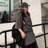Cool Dark Gray Loose Woman T-shirts Couple Smile Face Print Short Sleeve O Neck Basic T Shirt 2020 Punk Hip-pop Ullzang Summer - webtekdev