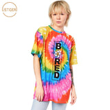 ISTider Tie-Dyed T Shirt Rainbow Color "BORED" Letters Print Hip Hop T-Shirt for Women Men Girls Boys Fashion Tops Streetwear - webtekdev