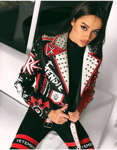 RED color faux leather coat Women  Print pu Leather Jacket Turn-down collar Punk Rock Cropped Jackets faux leather coat - webtekdev