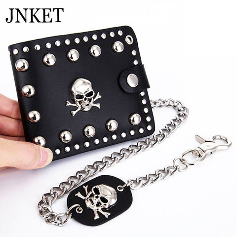 JNKET Punk Men's Rivet Chain Skull Wallet PU Leather Purse Billfold Money Clip Folding Clutch Wallet Detachable Metal Chain - webtekdev