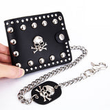 JNKET Punk Men's Rivet Chain Skull Wallet PU Leather Purse Billfold Money Clip Folding Clutch Wallet Detachable Metal Chain - webtekdev