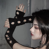 Black Punk Gothic Hollow Out Unisex Women Men Eyelet Sport Outdoor Elbow Length Sleeve 2020 Cool Stretch Character Arm Warmer (black One Size) - webtekdev