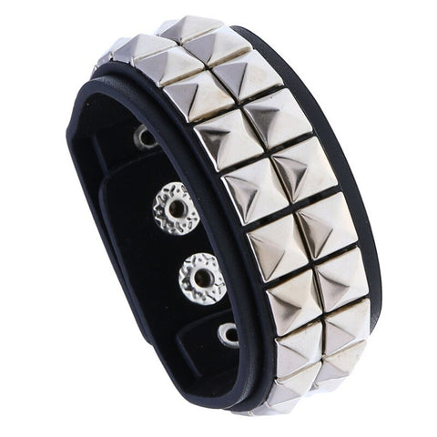 Punk Fashion Men Black Cuff Leather Bracelet Wristband Metal Silver Rivets Stud Charm Vintage Wrap Bangle for Rock Women Jewelry (Black) - webtekdev