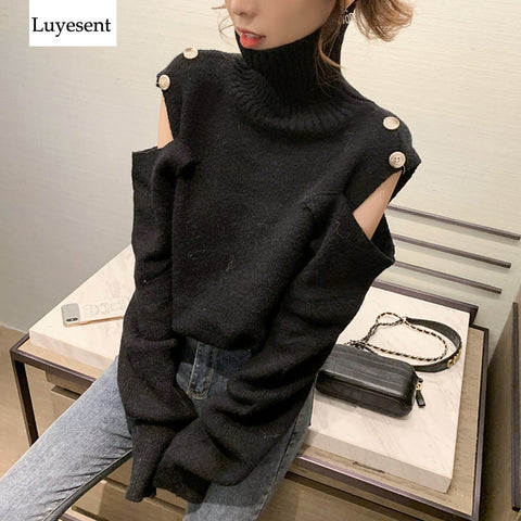 Turtleneck Lady Pullover Sweater 2020 Woman Hollow Out Button Bodycon Knit Top Khaki Coffee Black Autumn Basic Korea Slim Jumper - webtekdev