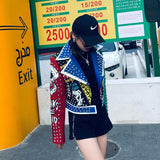 Fashion rivet beading pu leather jacket female hit color streetstyle Graffiti outerwear letters printed leather jackets F616 - webtekdev