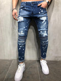 2020 Hot Men's Painted Skinny Slim Fit Straight Ripped Distressed Pleated Knee Patch Denim Pants Stretch Pleated Snowflake jeans - webtekdev